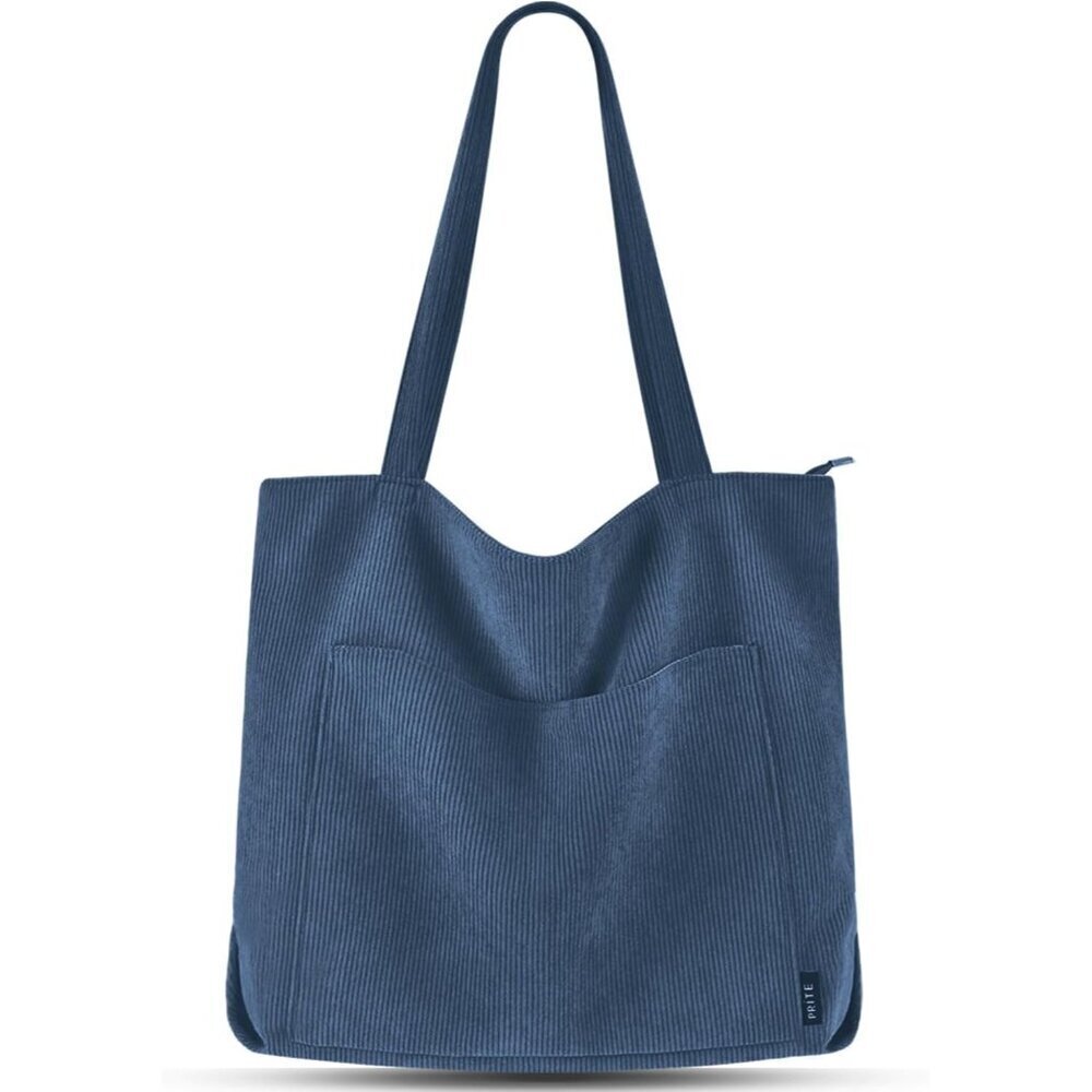 Women Blue Corduroy Large Shoulder Tote Shopping Bag with Zipper and Pockets